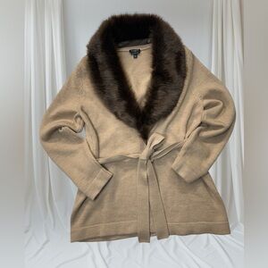 Talbots Tan Cardigan with Faux Fur Trim.